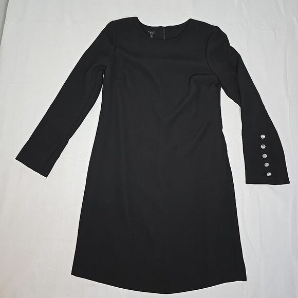 Talbots Dresses & Skirts - Talbots Size 6 Black Shift Dress Crepe Long Sleeve Crystal Jeweled Buttons Cuff